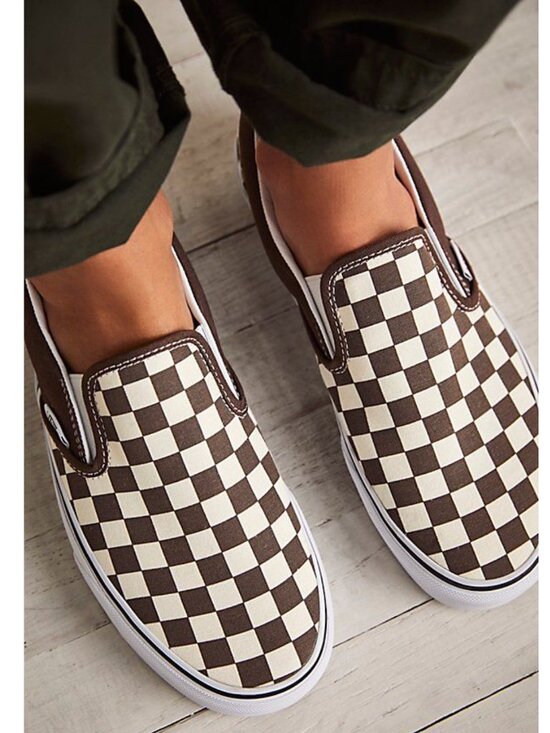Vans Shoes - Vans Checkerboard White & Brown Slip-On Shoes Canvas Classic Skate Womens 6.5